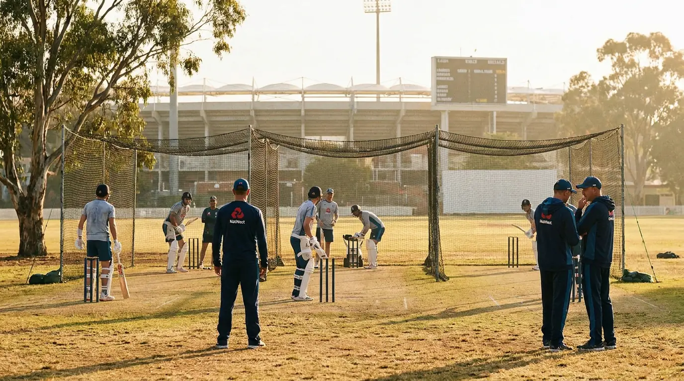 Touring cricket team practising in the nets ahead of an Ashes Test at an unfamiliar ground