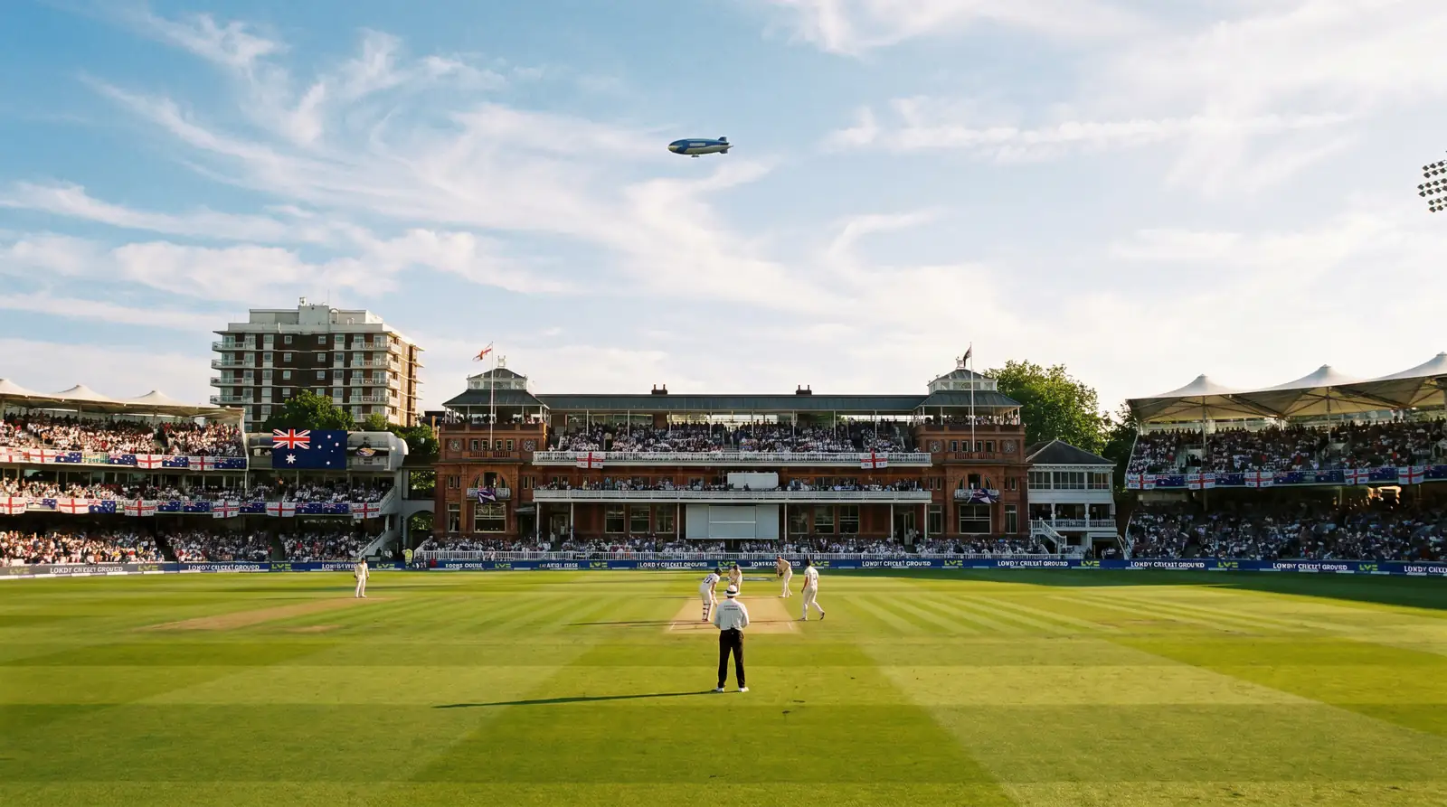 Historic cricket ground during an Ashes Test with a packed crowd and English summer sky
