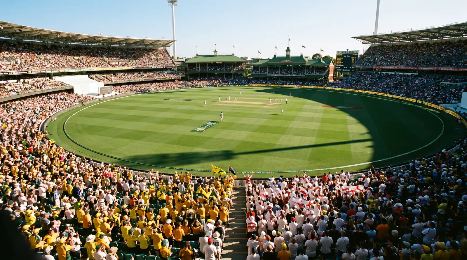 Panoramic view of a packed Ashes Test ground with England and Australia flags in the crowd
