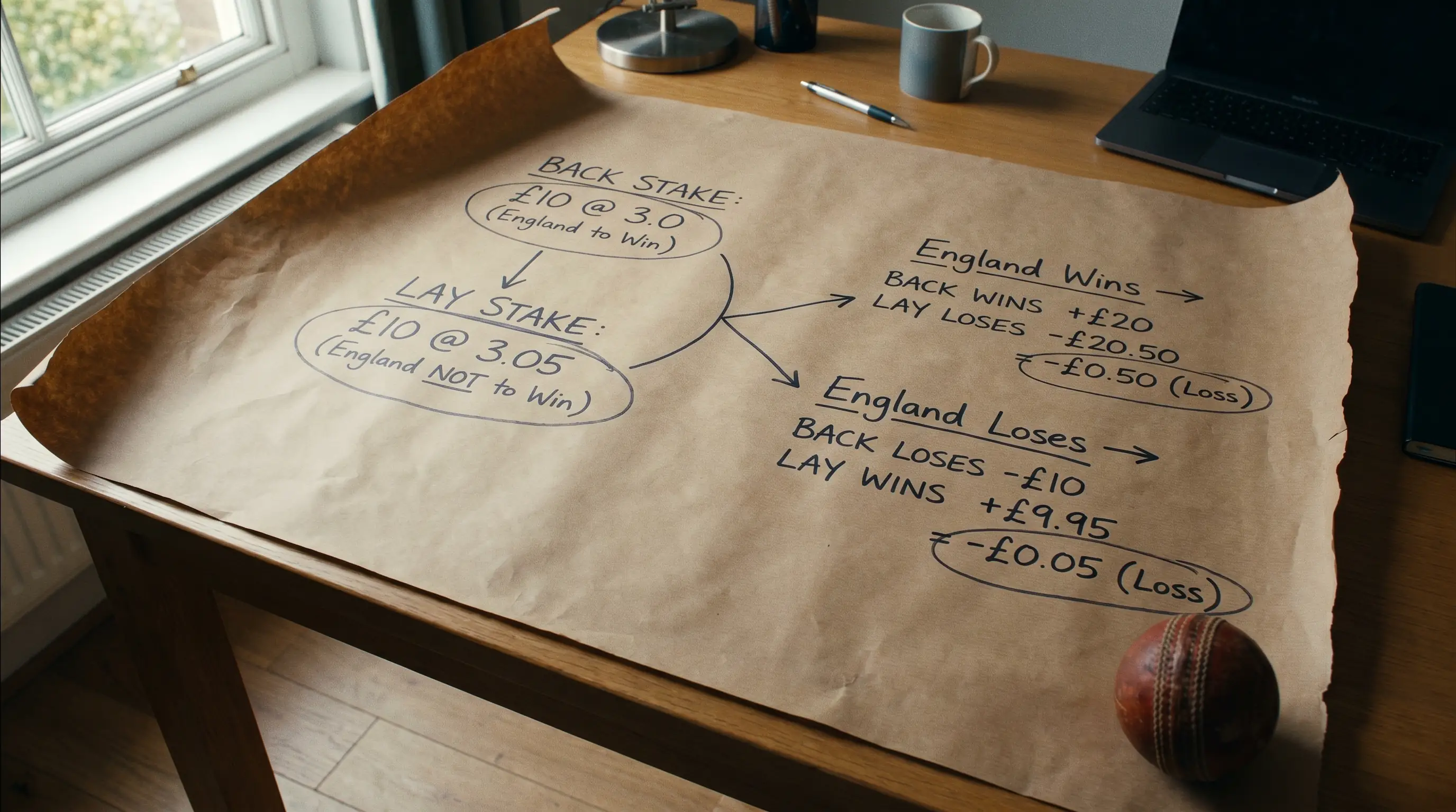 Step-by-step matched betting example written out on paper showing back and lay stakes
