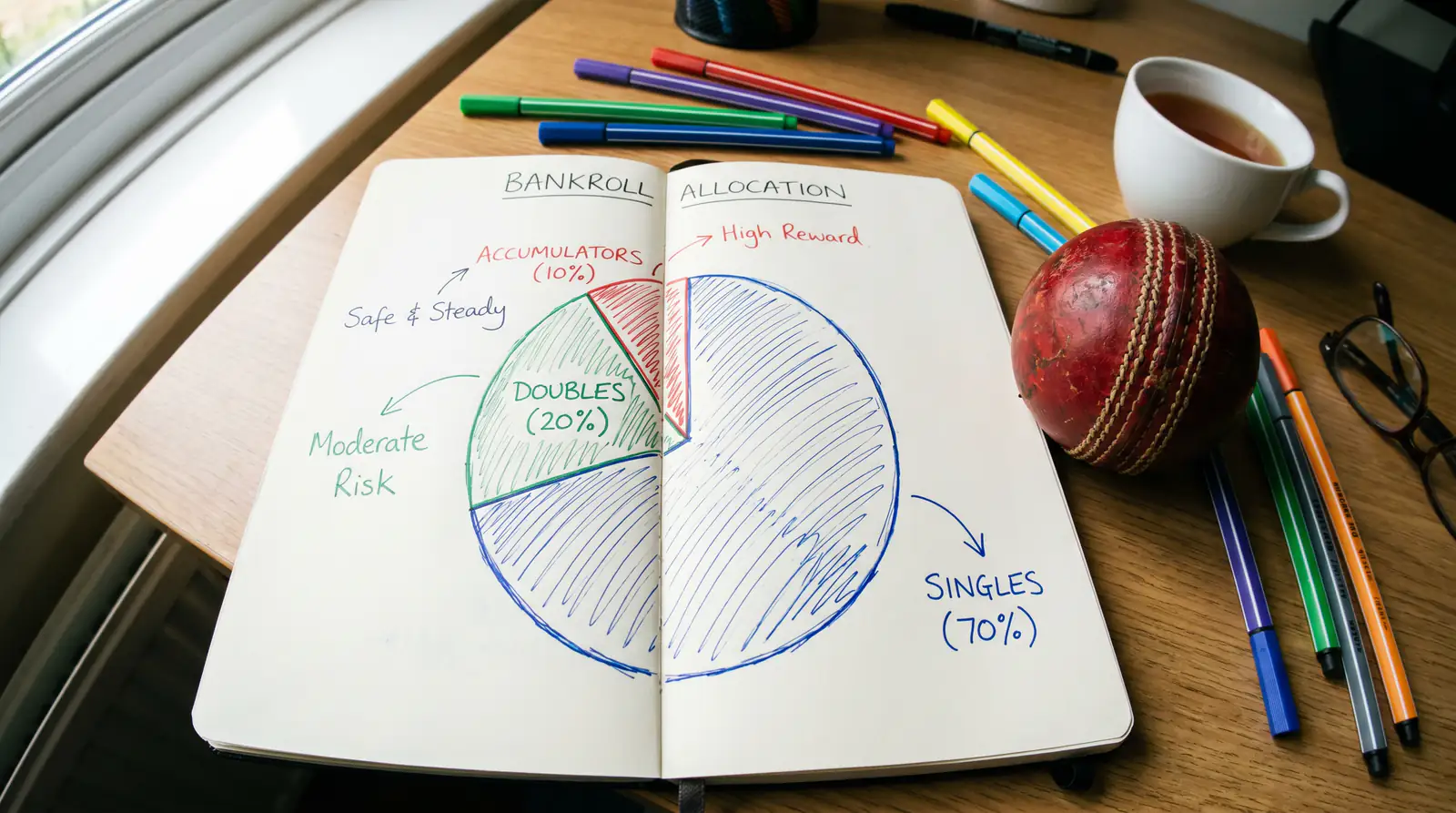 Notebook showing bankroll allocation with a dedicated percentage set aside for accumulator stakes