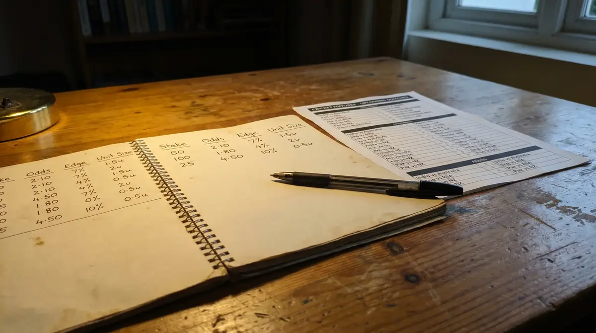 Open notebook with handwritten staking plan calculations next to a cricket scorecard