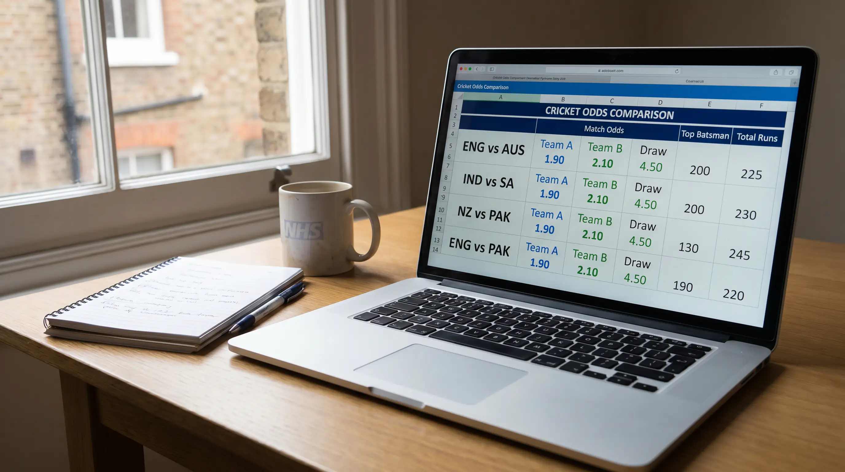 Laptop displaying cricket betting odds comparison across licensed UK platforms on screen