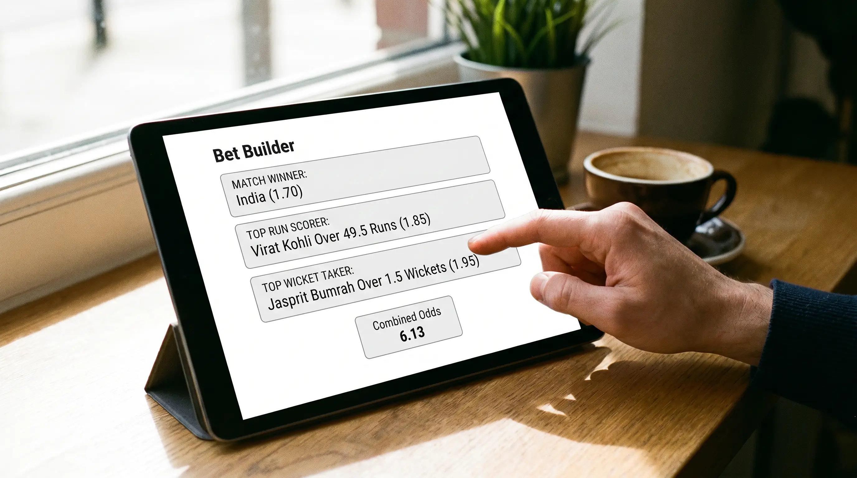 Bet builder tool on a cricket betting site combining multiple player and match selections into one wager