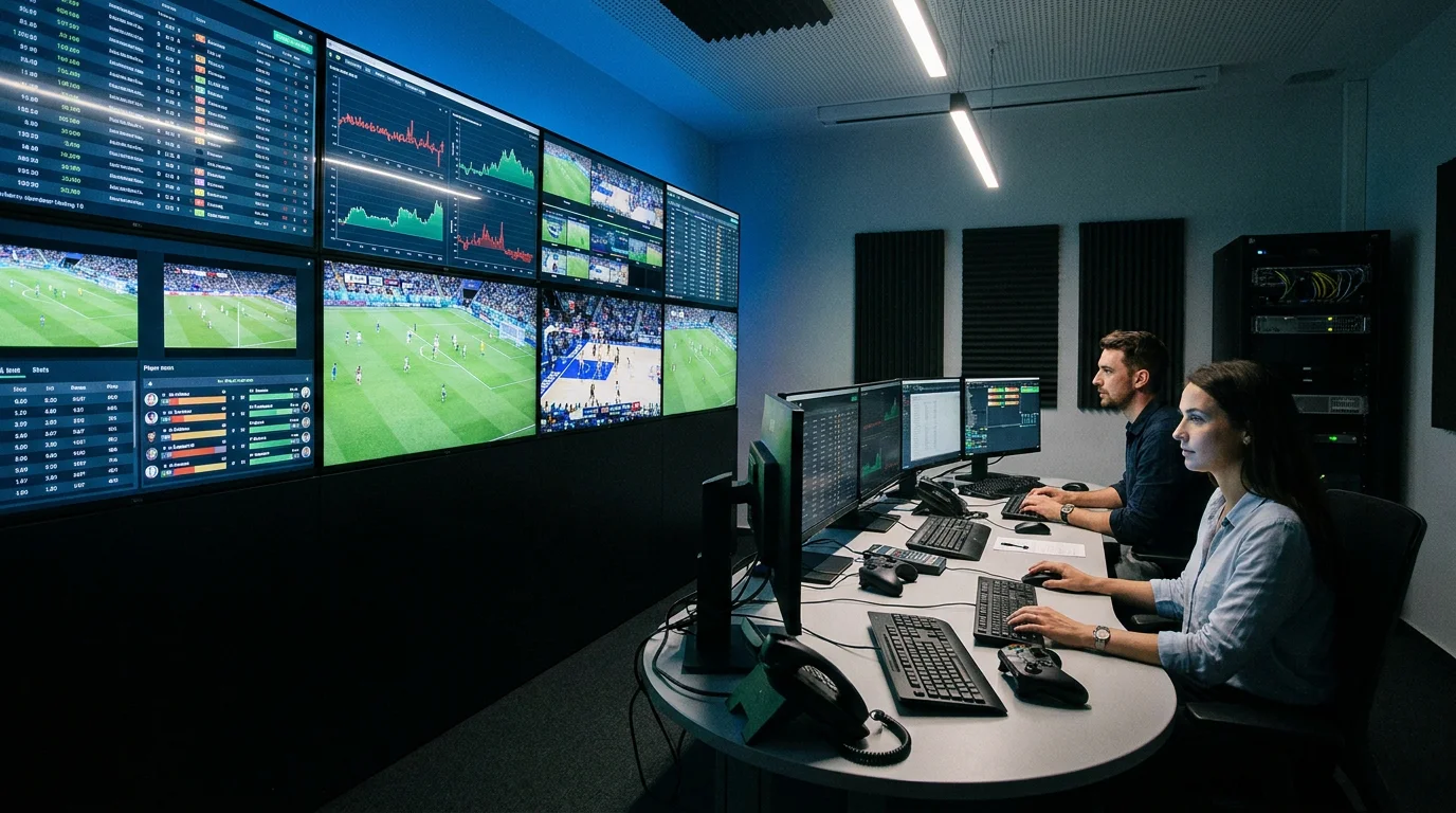 Sports integrity monitoring room with multiple screens tracking live cricket betting patterns