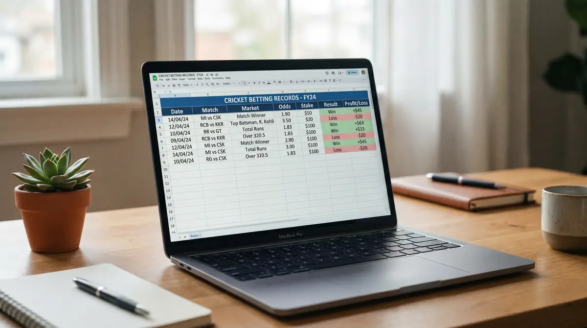 Spreadsheet tracking cricket betting records with columns for market type, odds, stake, and profit