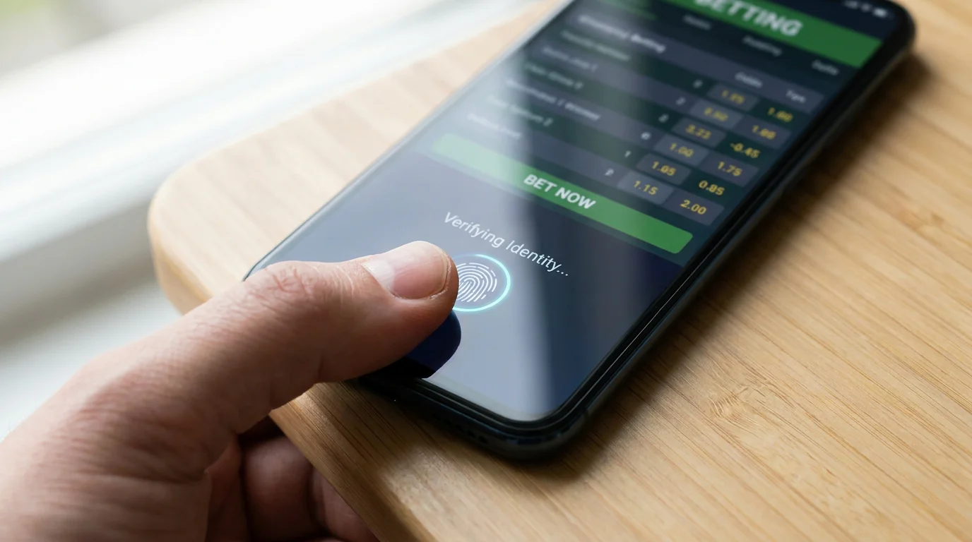 Smartphone fingerprint scanner being used to securely log into a UKGC-licensed cricket betting app