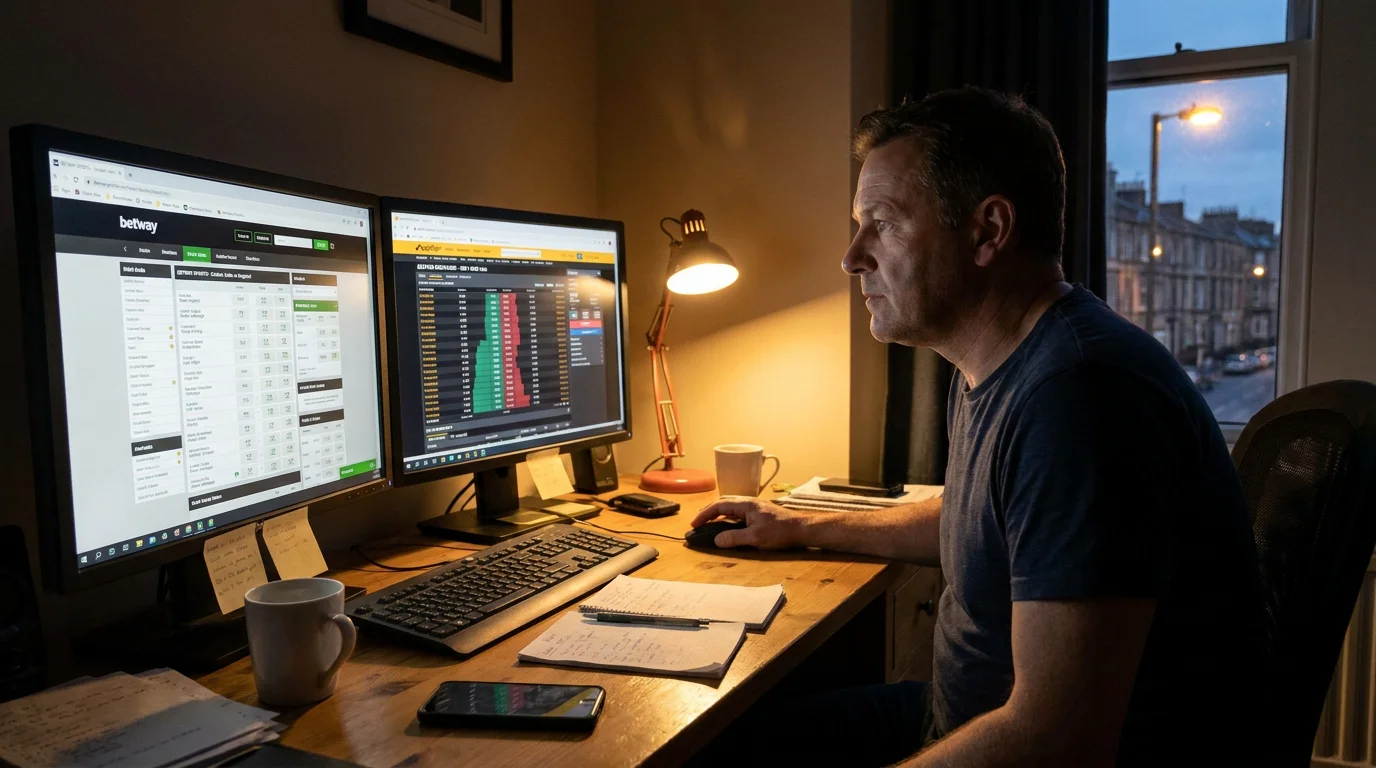 Cricket bettor weighing up bookmaker and exchange options on separate screens side by side