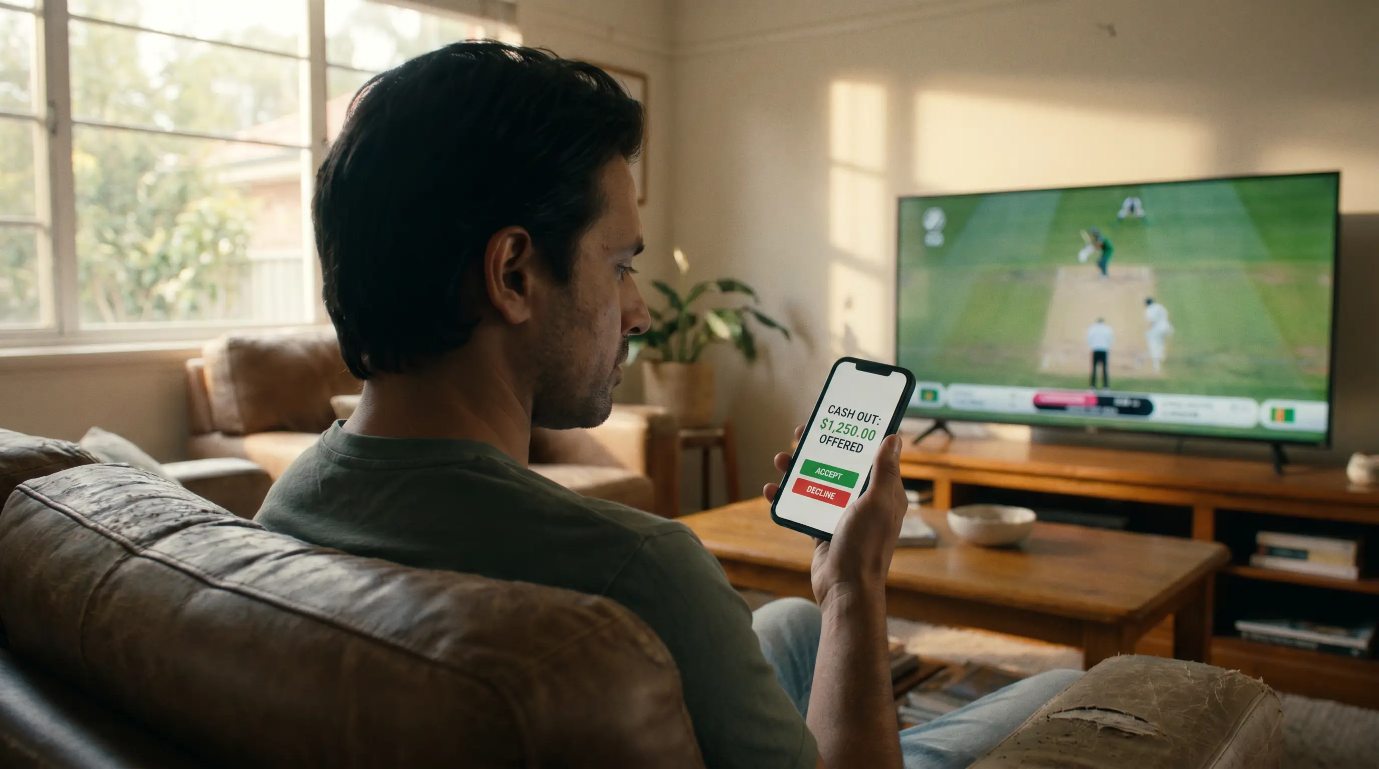 Cash-out offer displayed on a cricket futures bet with fair value calculation notes alongside