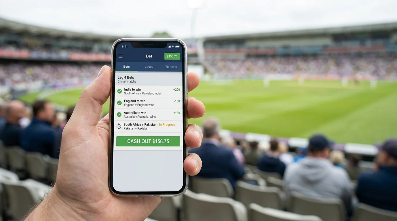 Mobile screen showing a cash-out option on a cricket accumulator bet with three legs already won