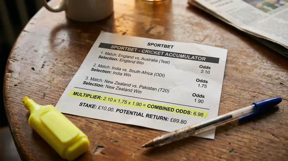 Betting slip showing a three-leg cricket accumulator with combined decimal odds and potential payout