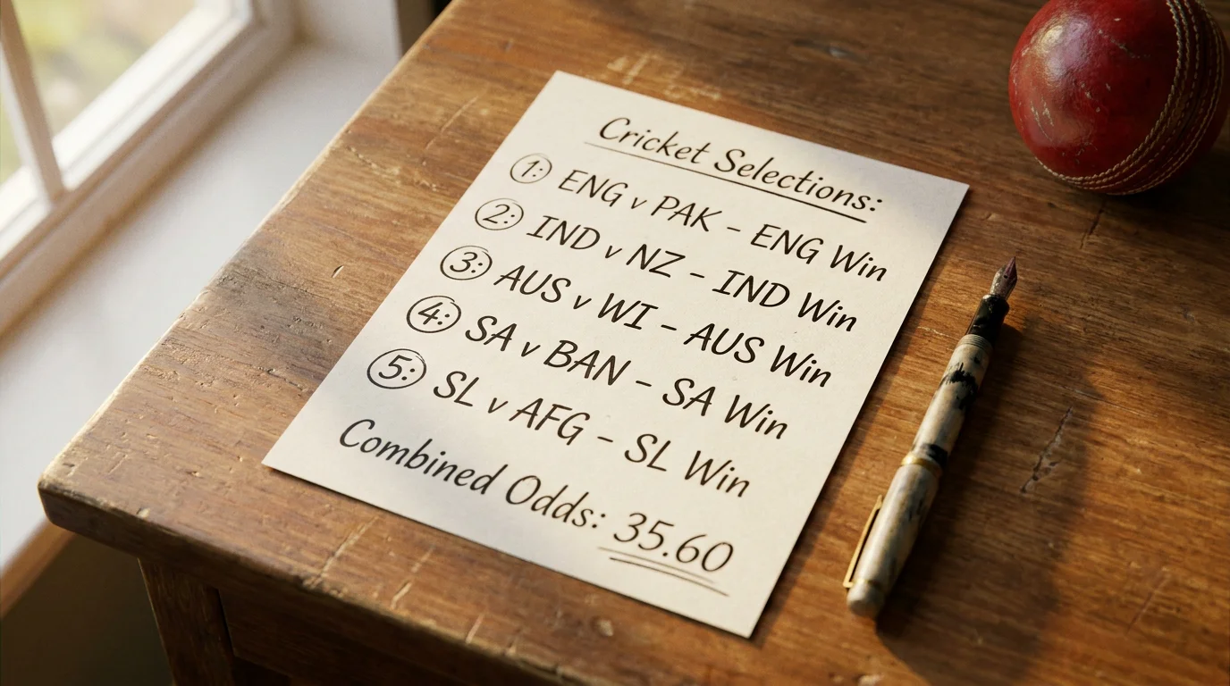 Multiple cricket match selections displayed together representing a multi-leg accumulator bet