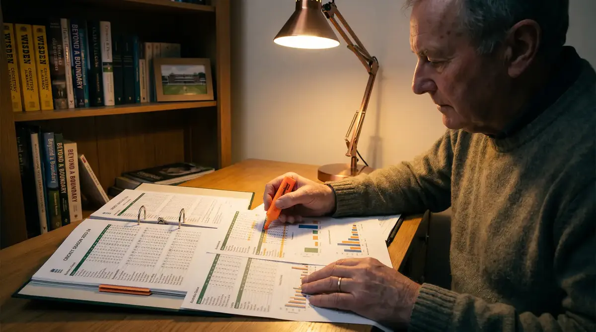 Cricket enthusiast studying team statistics and match data on paper documents at a desk