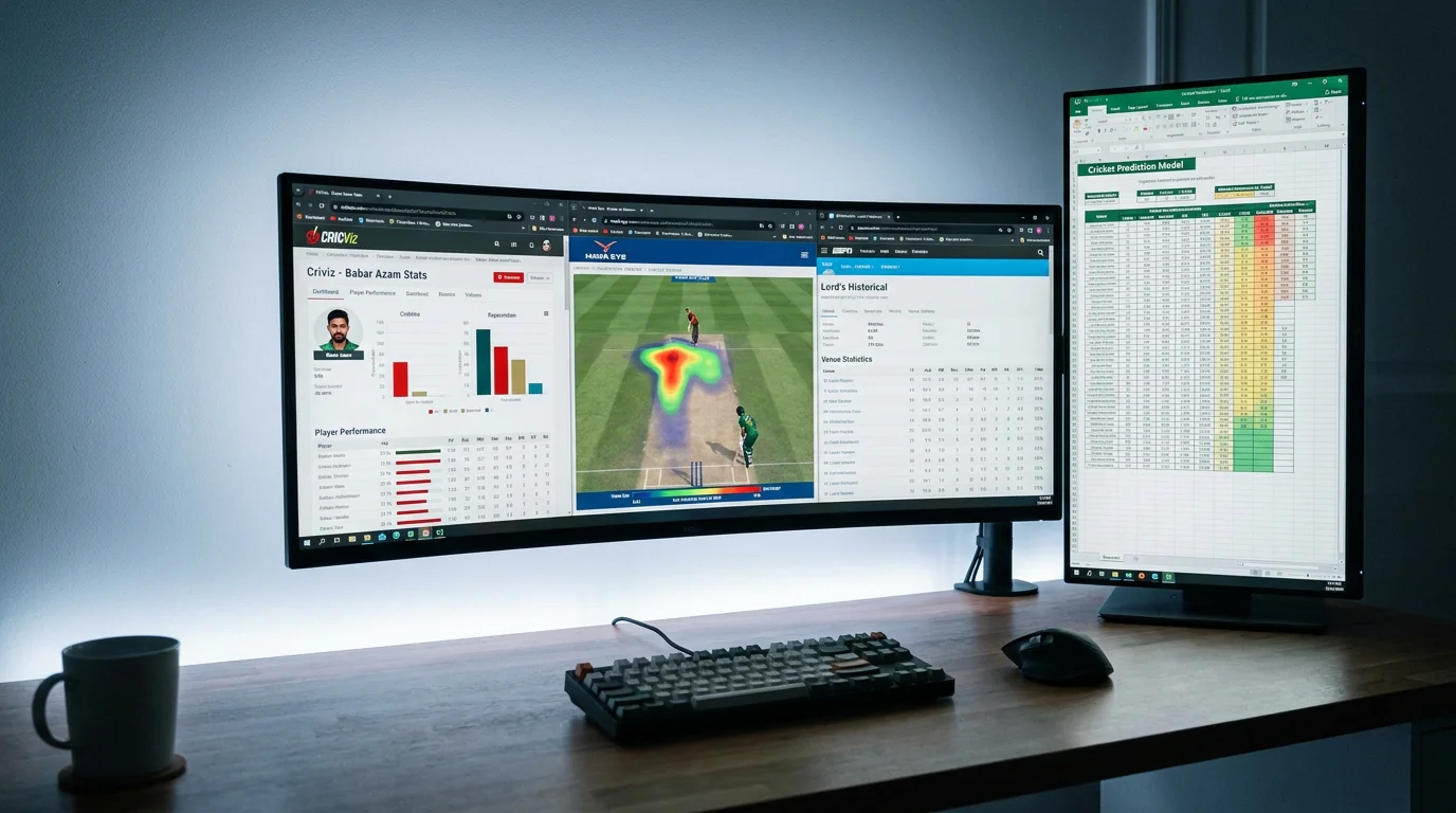 Multiple cricket data platform tabs open on a monitor showing player performance breakdowns