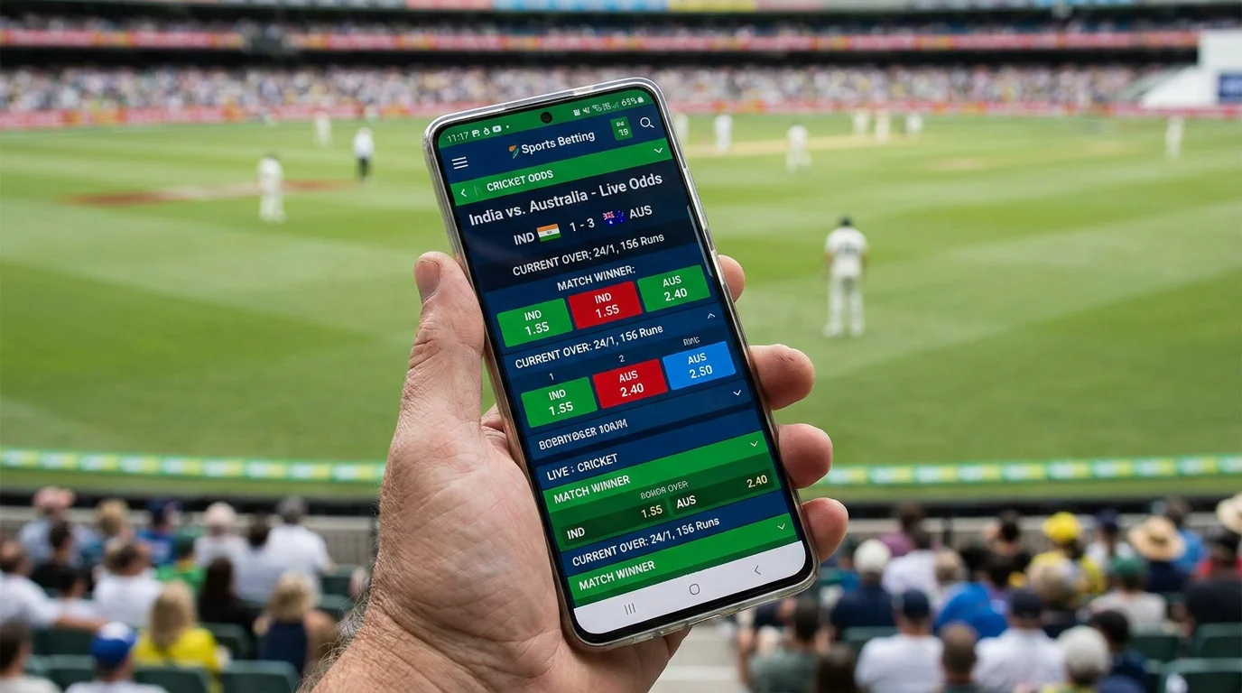 Smartphone showing live cricket betting odds with a cricket match playing in the background