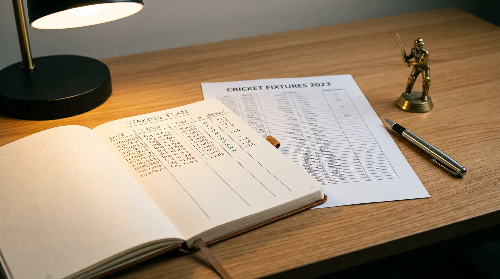 Notebook with a staking plan layout and cricket match schedule on a tidy desk