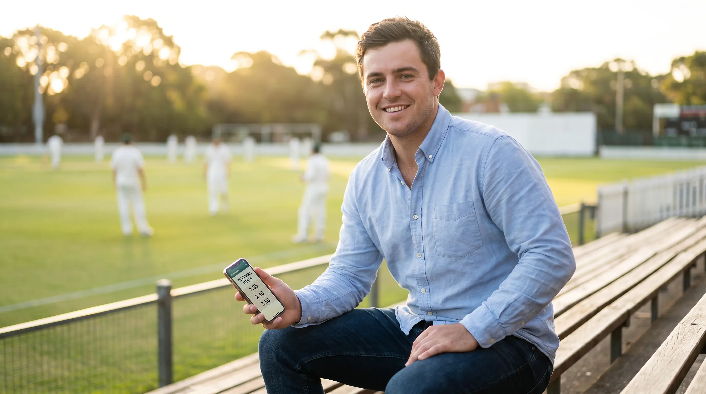 Cricket scoreboard with simple match-winner odds visible to a new bettor studying the market
