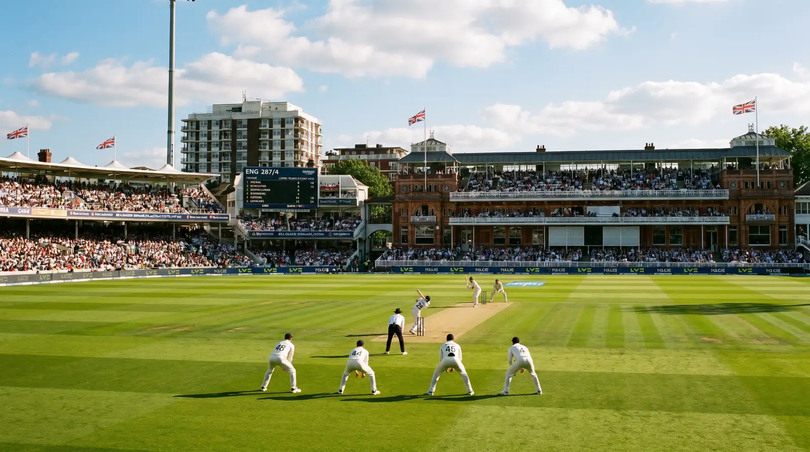 Competitive cricket match in progress at a sunlit stadium viewed from the upper stand