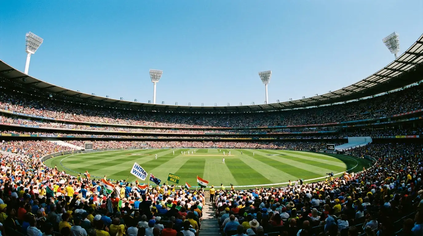 Cricket stadium with multiple betting market options visible on a nearby screen before match day