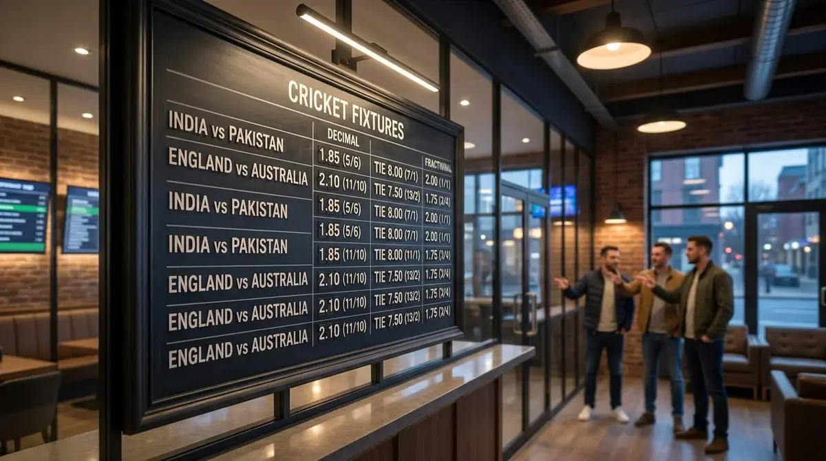 Cricket betting odds displayed on a digital board at a sportsbook showing decimal and fractional prices