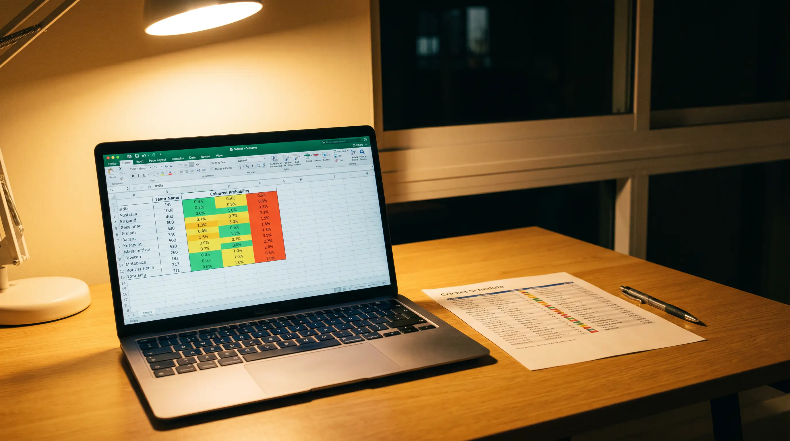Laptop screen showing a cricket match prediction spreadsheet with probability estimates and team data