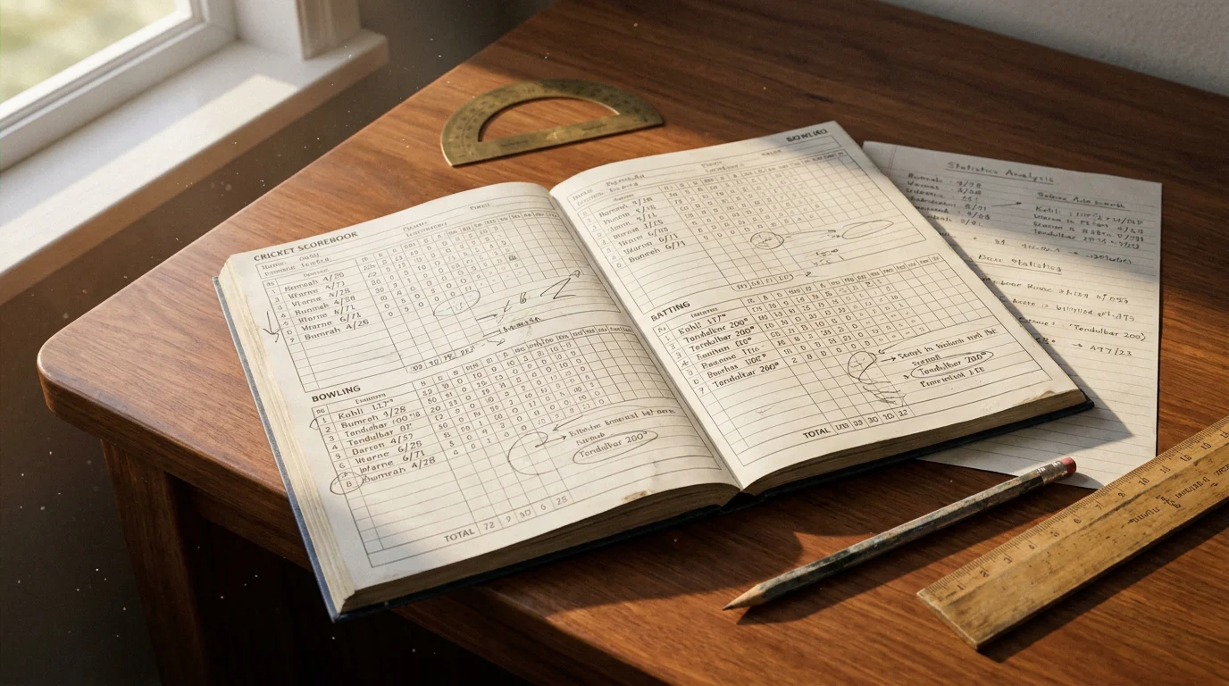 Cricket scorebook and handwritten statistical notes spread across a wooden desk