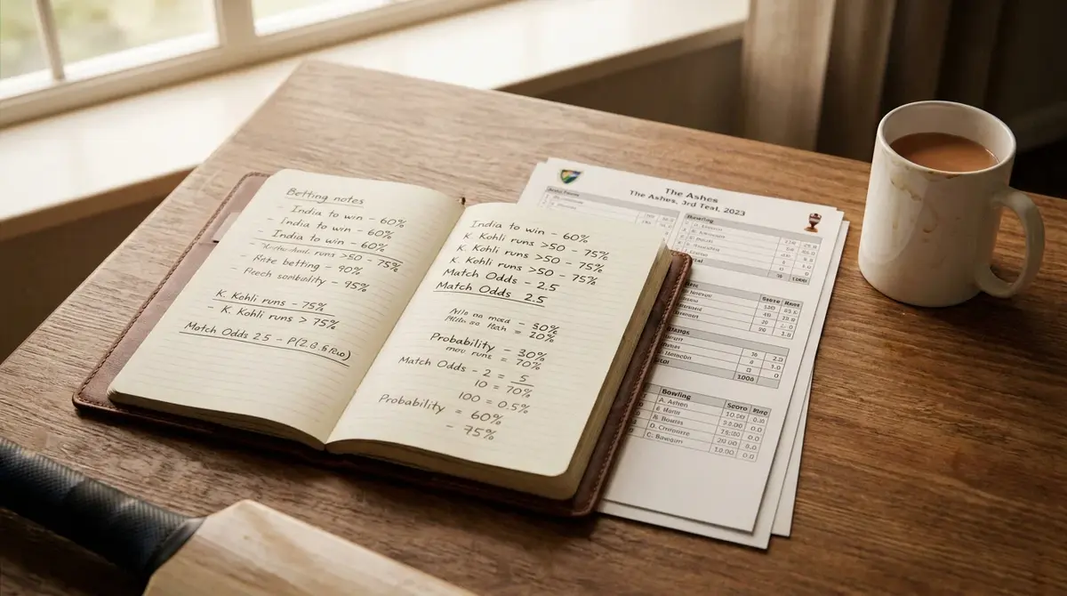 Cricket betting strategy framework with research notes, staking plan, and match analysis on a desk