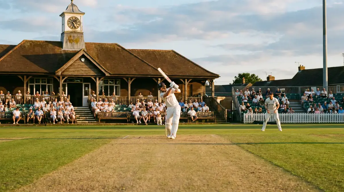 Cricket pitch at an English county ground with a batsman at the crease under natural daylight