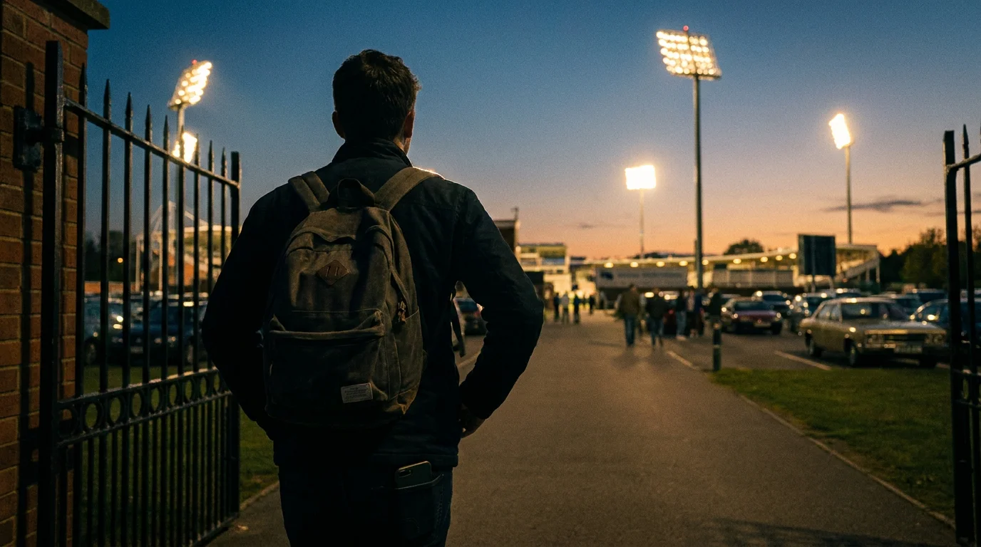 Cricket spectator closing a betting app on their phone and watching the match from the stands