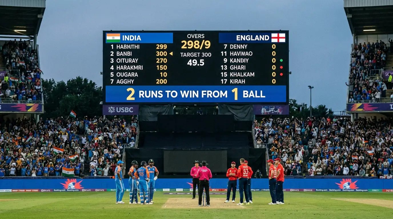 Cricket scoreboard showing a tight finish between two teams in a limited-overs match
