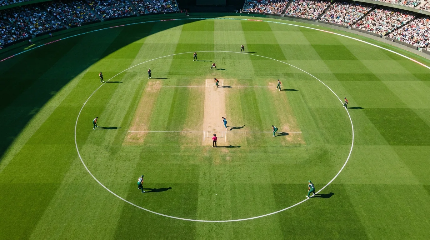 Cricket fielding setup during the powerplay with only two fielders positioned outside the 30-yard circle