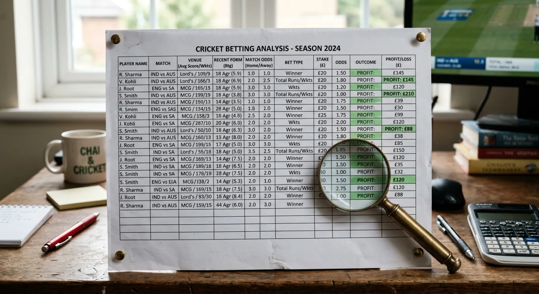 Detailed cricket betting spreadsheet with columns for player stats, venue data, and results