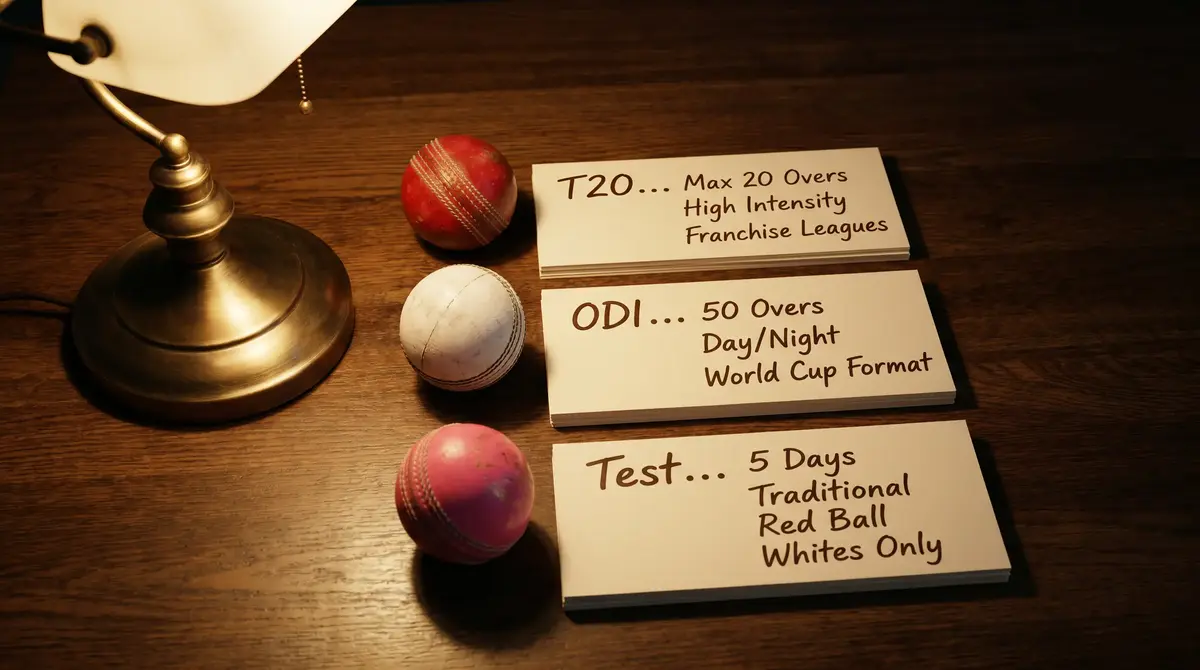 Split-screen view of T20 and Test cricket formats illustrating different betting market approaches