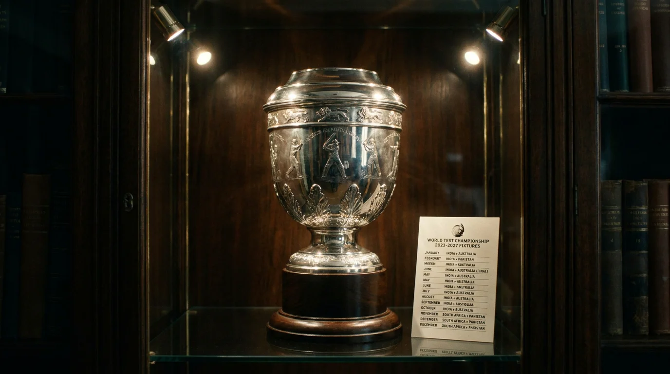 Cricket trophy on display with tournament bracket and outright winner odds visible in the background
