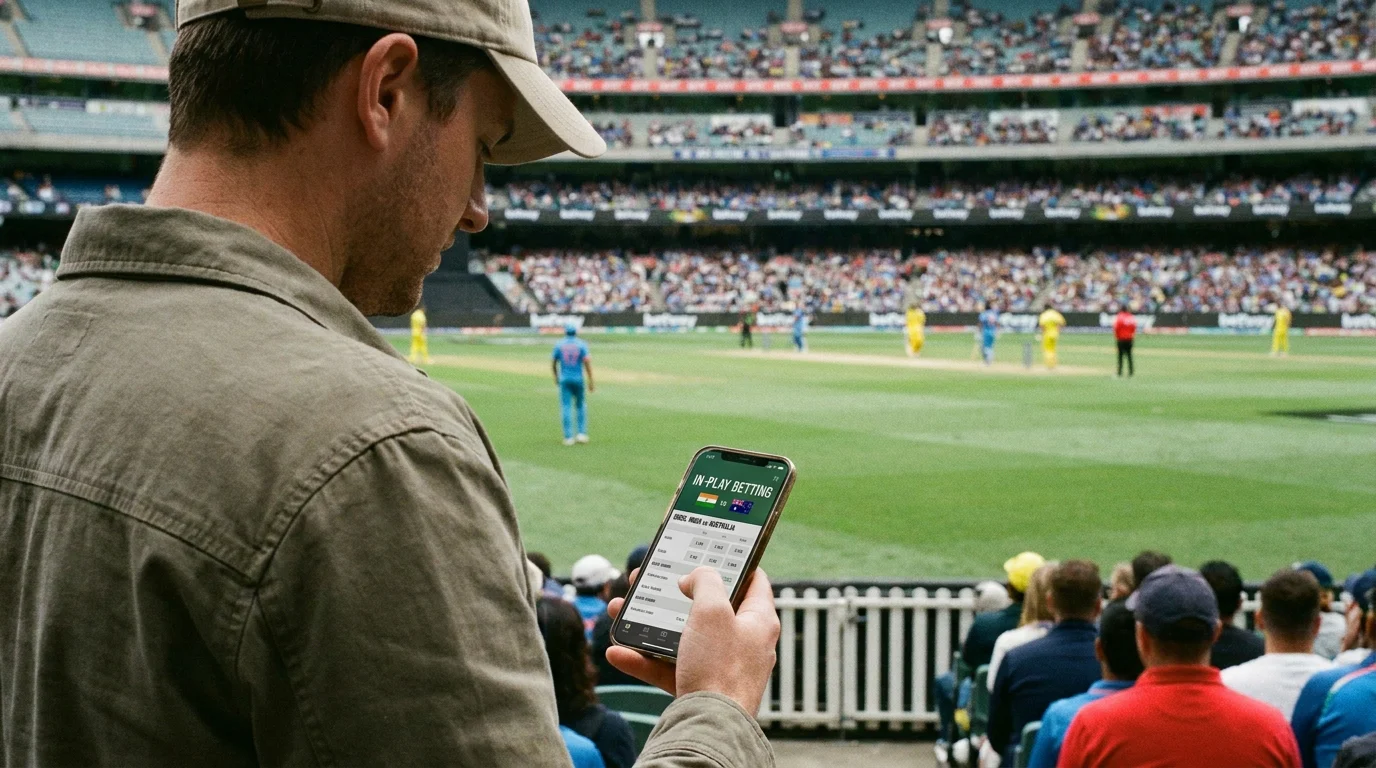 Cricket spectator at a ground using a mobile phone to place a live bet while watching the match