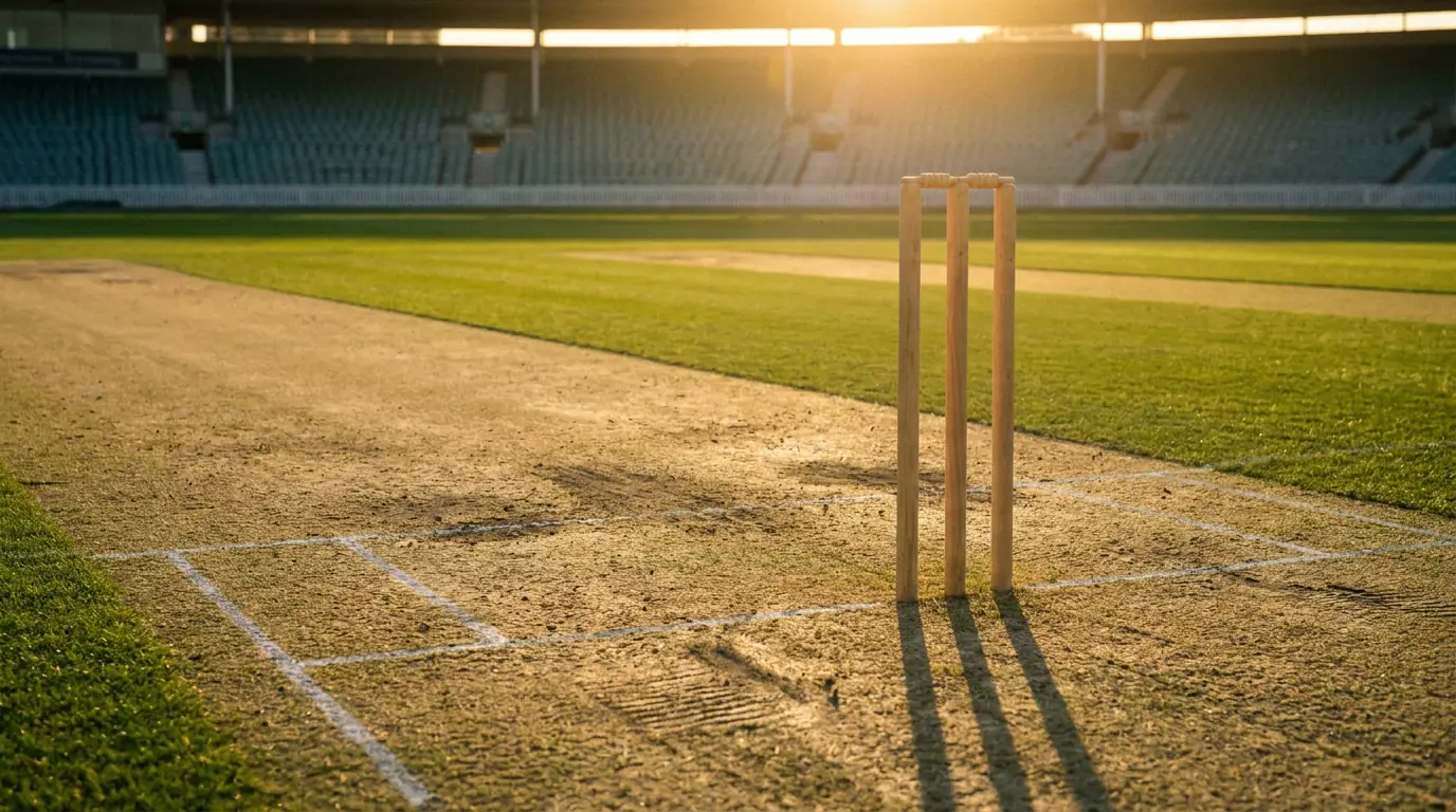 Cricket pitch and stumps bathed in golden evening sunlight before a match begins