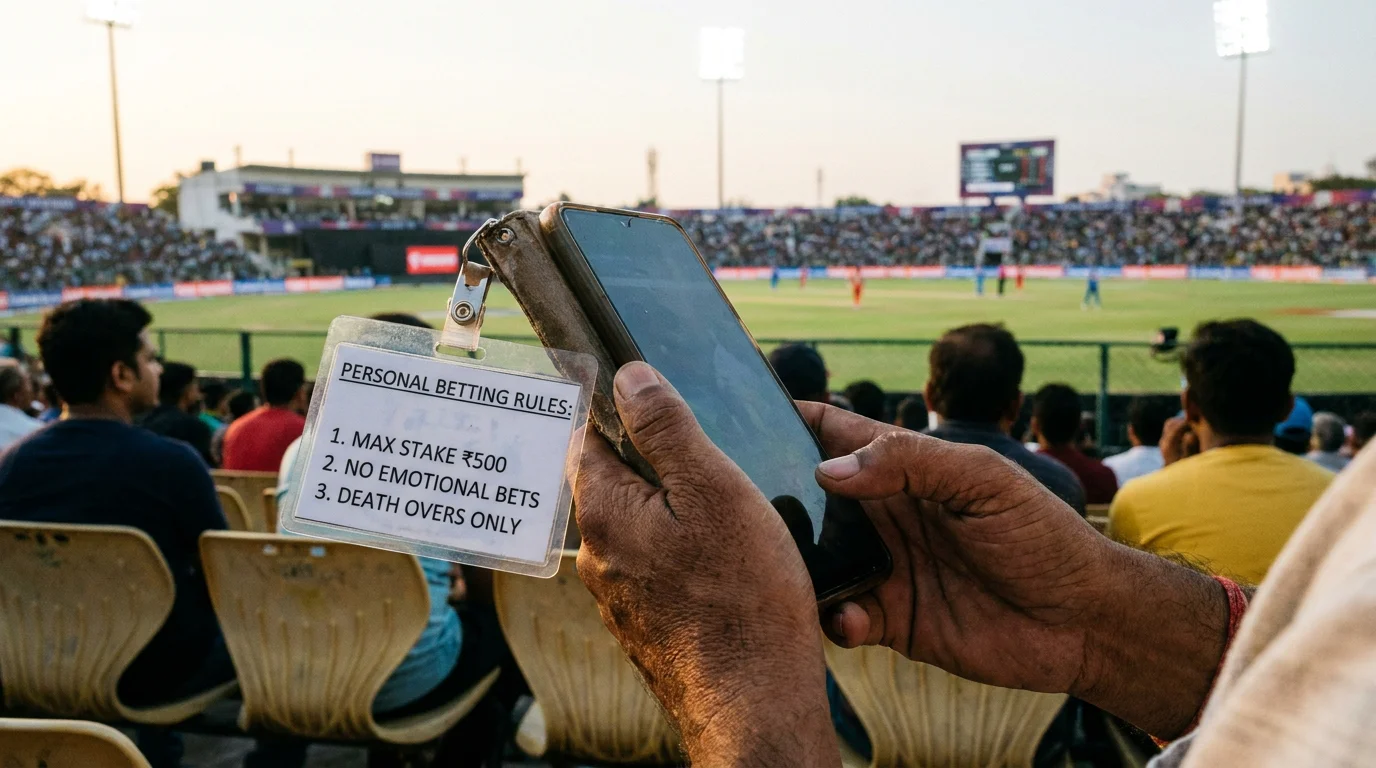Cricket bettor checking live death-overs odds on a mobile phone with staking rules noted beside it