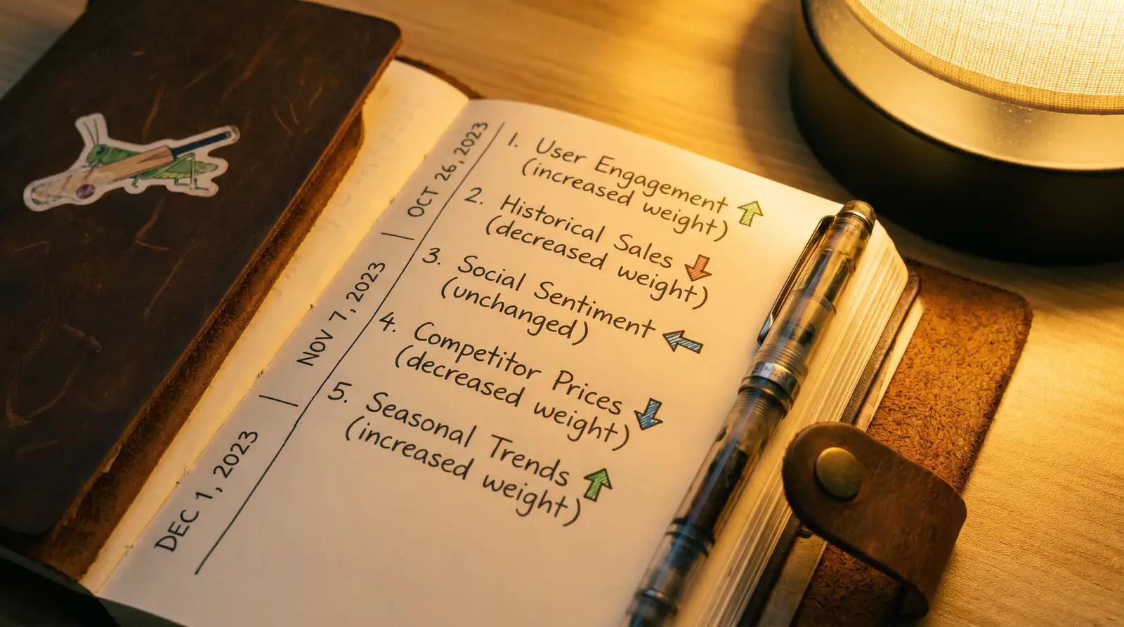 Handwritten notes on cricket prediction model adjustments with input weighting changes highlighted