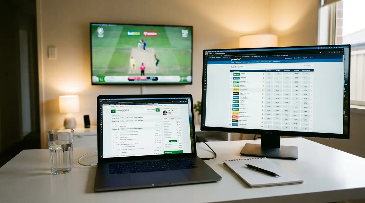 Multi-screen desk setup with live cricket scoring feed, odds comparison, and match broadcast running simultaneously