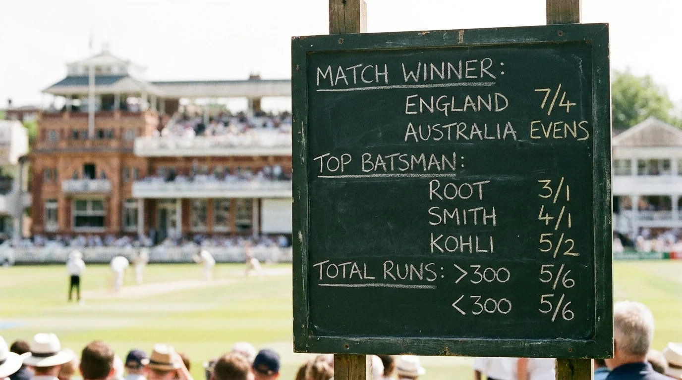Bookmaker odds board for a cricket match showing varying prices across different markets