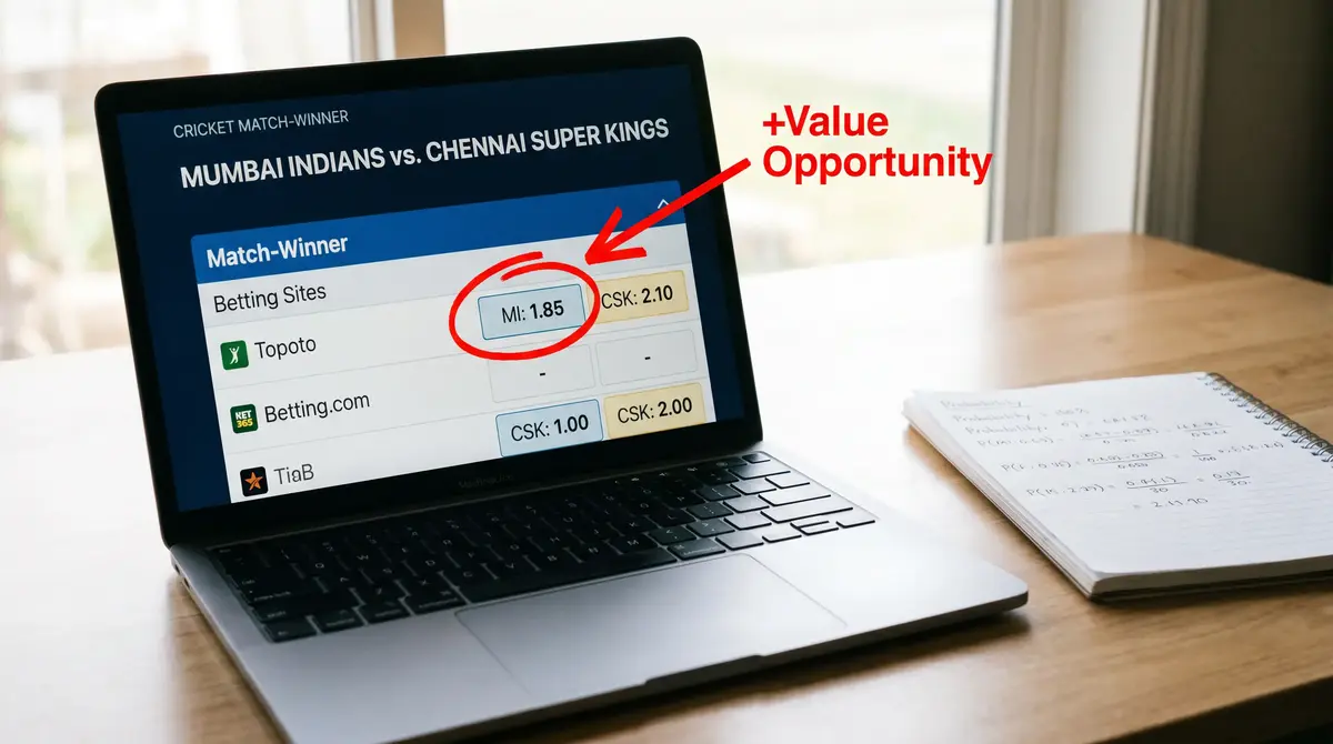 Screen showing cricket match odds with highlighted value bet opportunity in a match-winner market