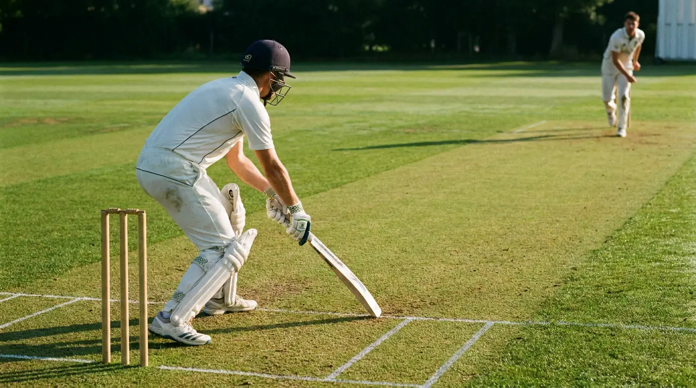 Cricket opening batsman taking stance to face the new ball at the start of an innings