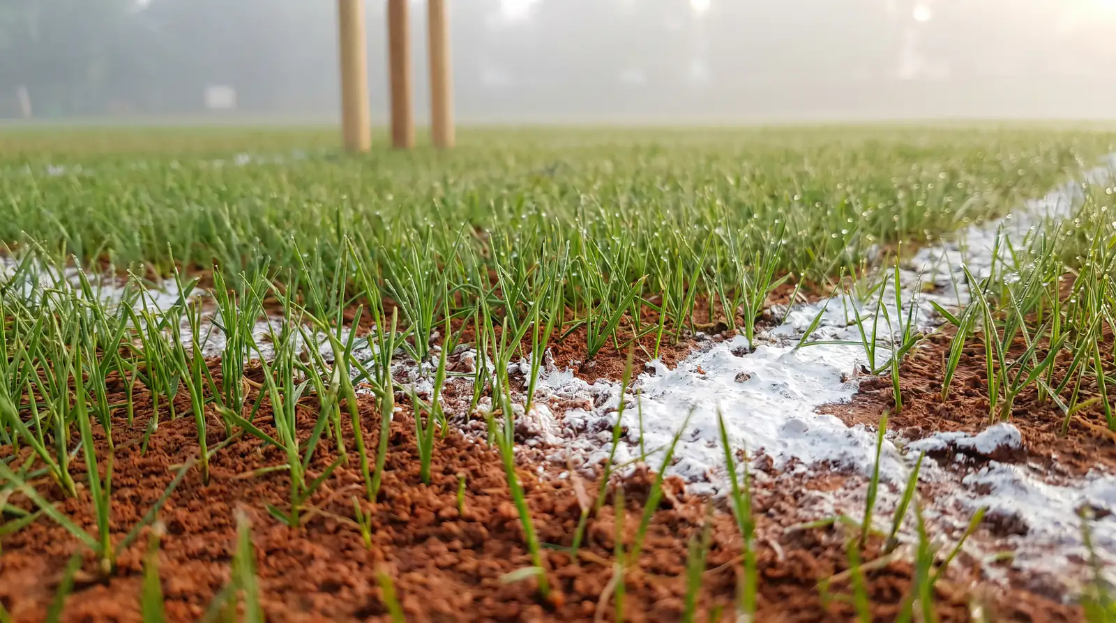 Close-up view of a green-tinged cricket pitch surface with visible grass assisting seam movement