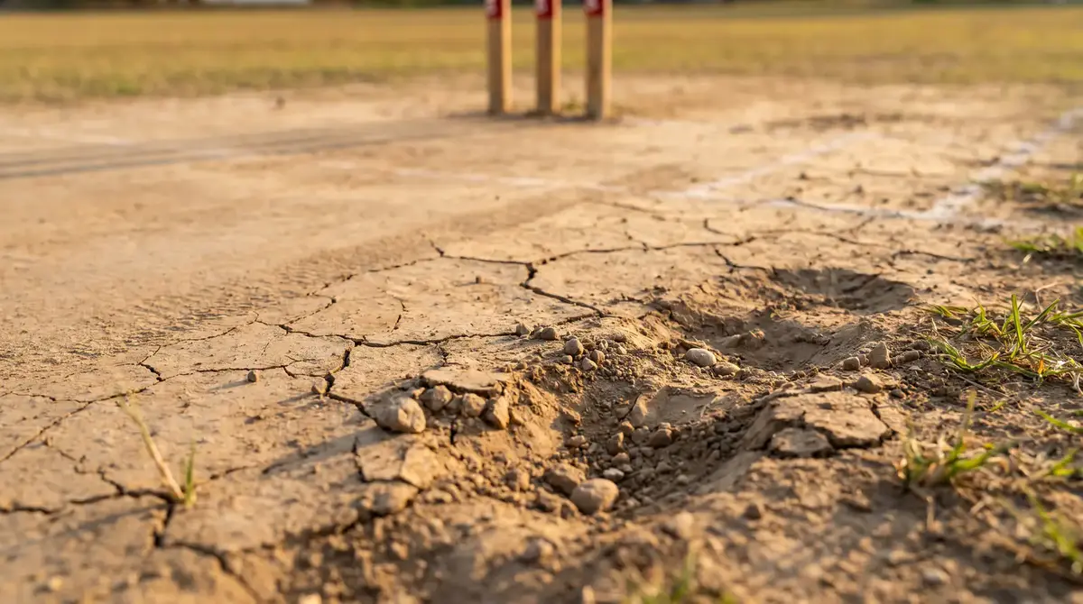 Close-up view of a cricket pitch surface showing grass cover and early cracks in the soil