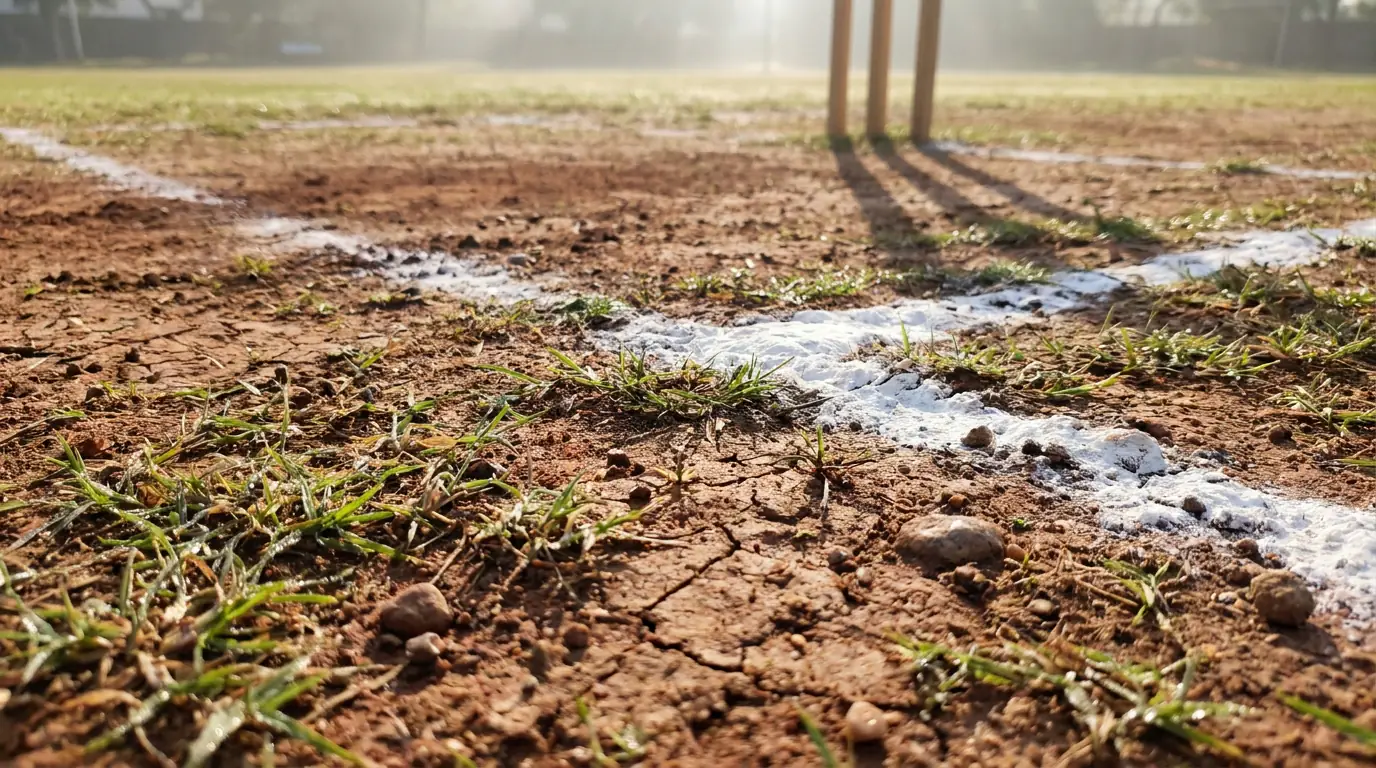 Close-up of a cricket pitch surface showing grass coverage and soil texture before a match