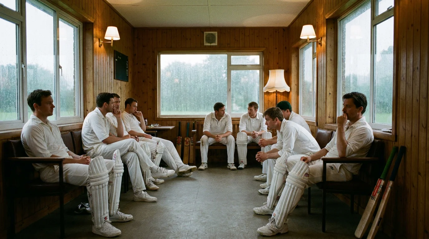 Cricket players waiting in the pavilion during a rain delay with match status visible