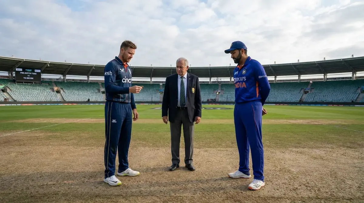 Cricket captains at the toss on match day with the pitch visible behind them