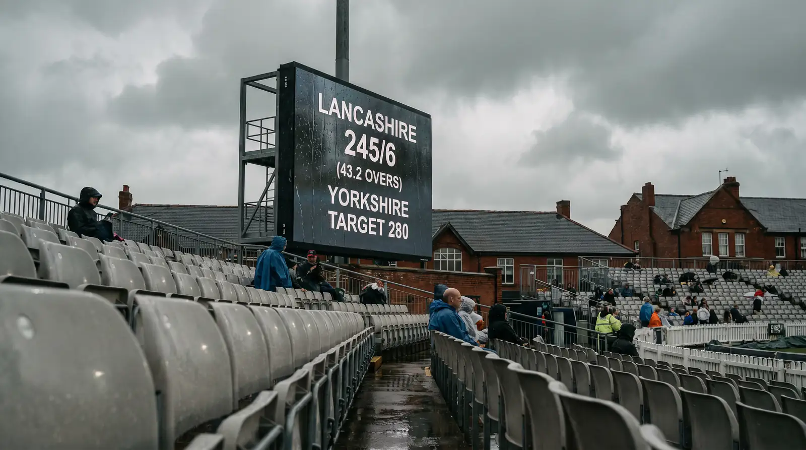 Cricket scoreboard displaying a revised DLS target after rain reduced the second innings