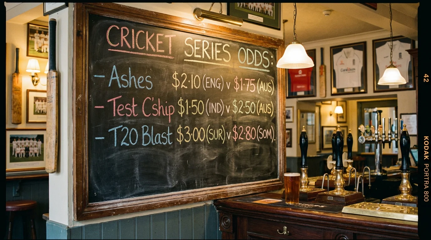 Series-winner betting odds displayed on a board for a multi-match cricket Test series