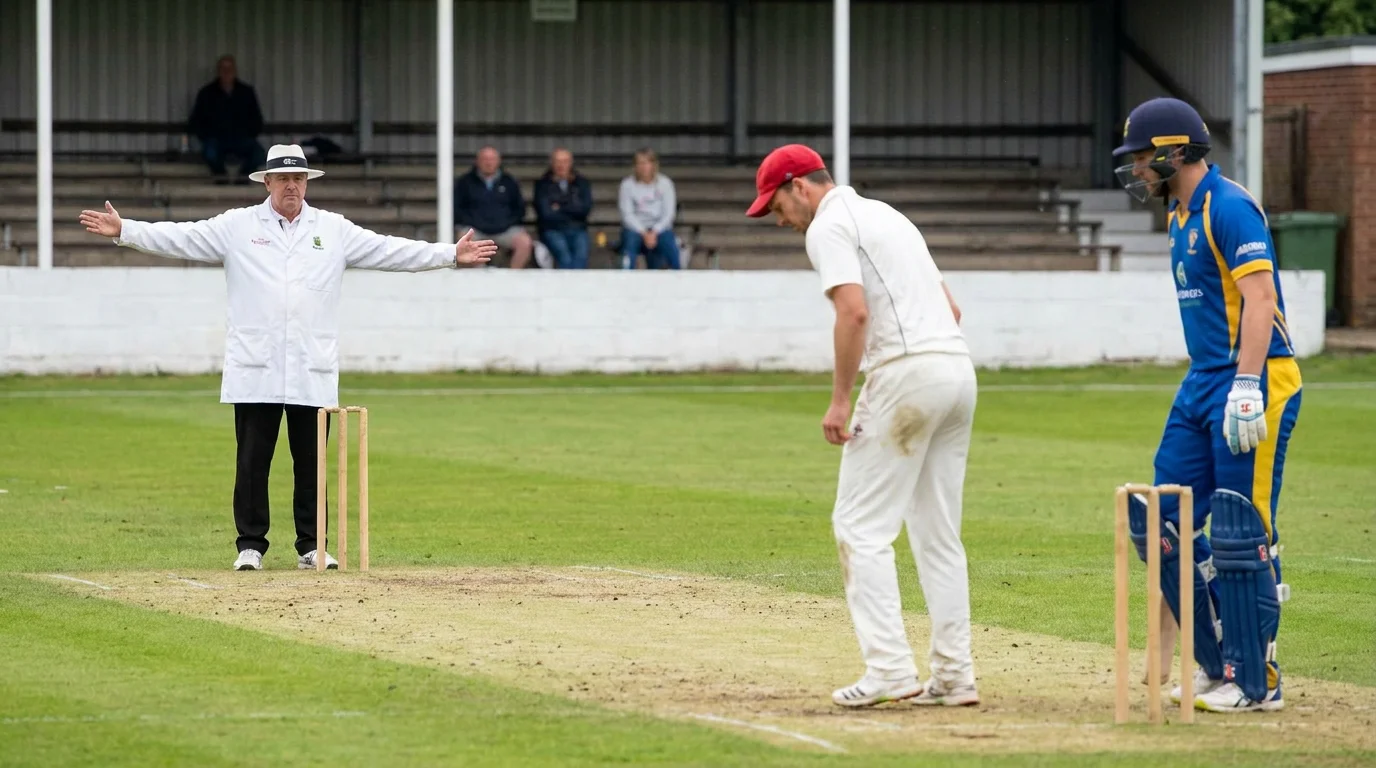 Cricket bowler delivering a wide ball past the batsman with umpire signalling in the background